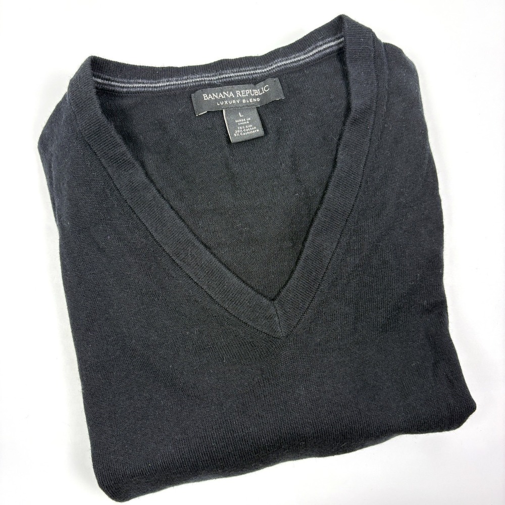 Banana Republic V Neck Luxury Blend Sweater Mens L Black Silk Cashmere Minimalst